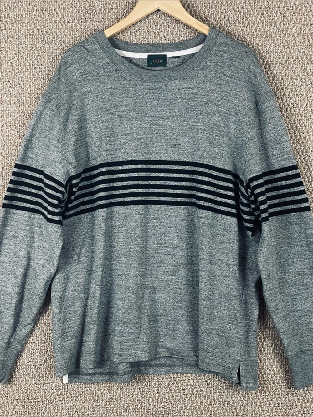 J CREW Oarsman Shirt Men XL Gray Stripe Heavyweight Elbow Patch Cotton T342